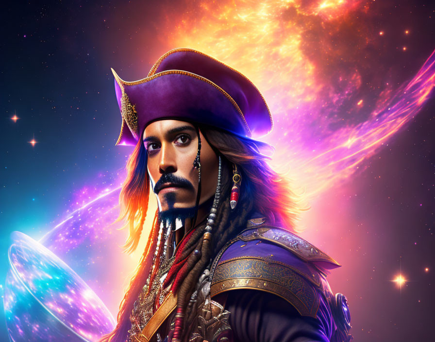 Stylized portrait of a pirate captain in tricorn hat against cosmic backdrop