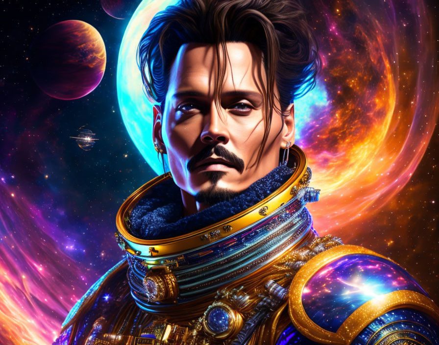 Stylized portrait of man in ornate space suit against cosmic backdrop