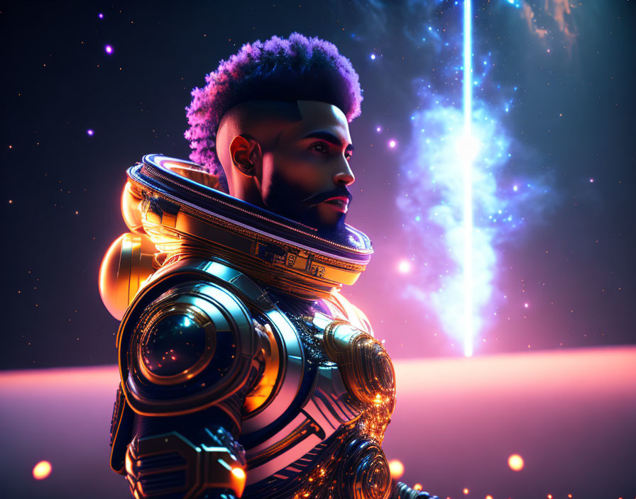 Futuristic male figure in ornate space suit with cosmic background