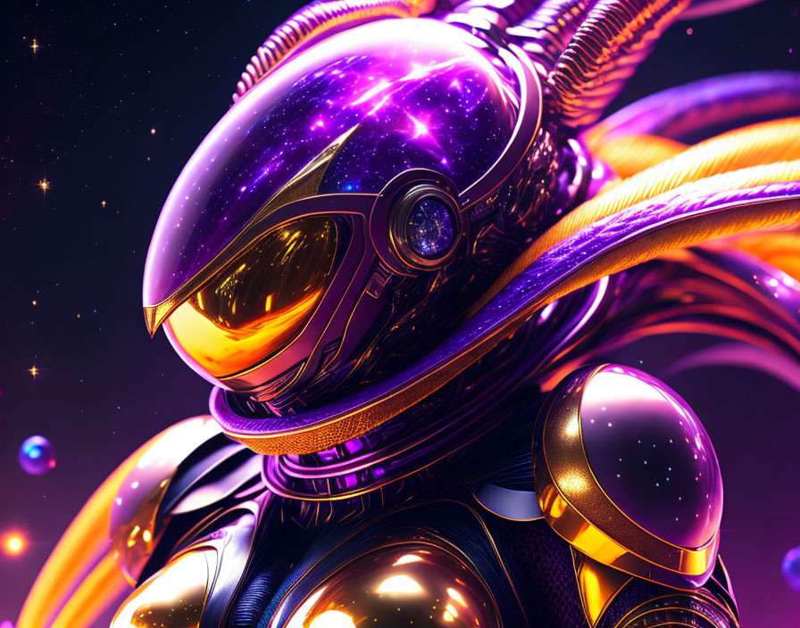 Futuristic astronaut in gold and purple suit against cosmic backdrop