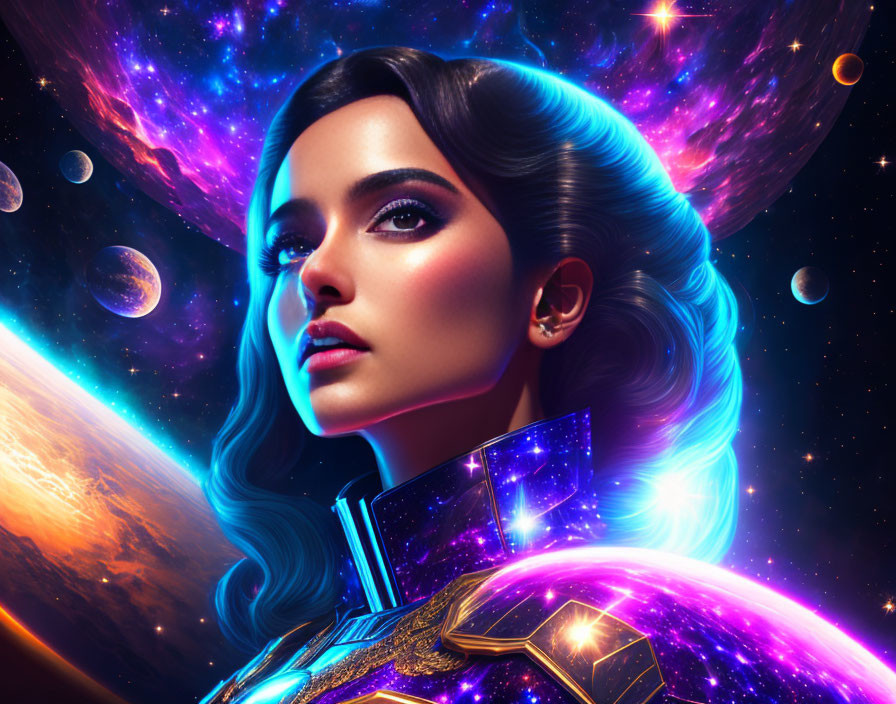 Dark-haired woman with cosmic makeup in vibrant space setting