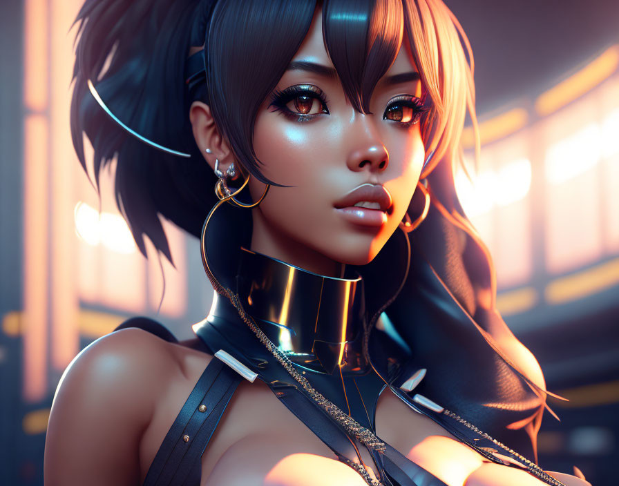 Stylized female character with expressive eyes in futuristic digital art portrait