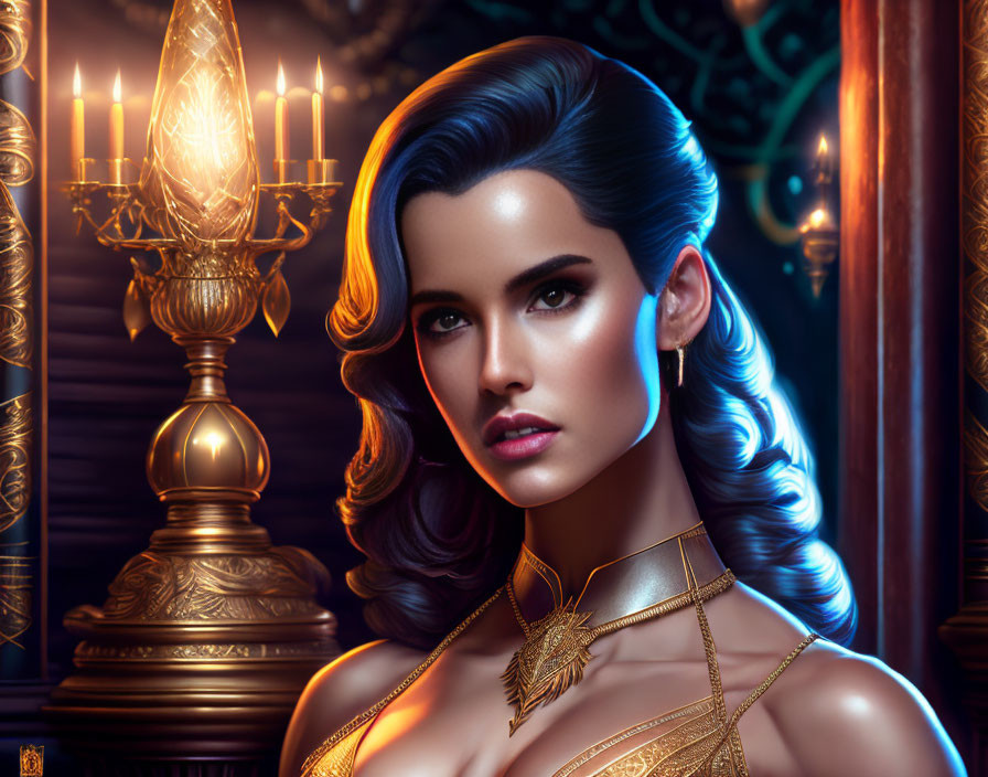 Portrait of a woman with styled hair and gold jewelry, set against candles and ornate pillars