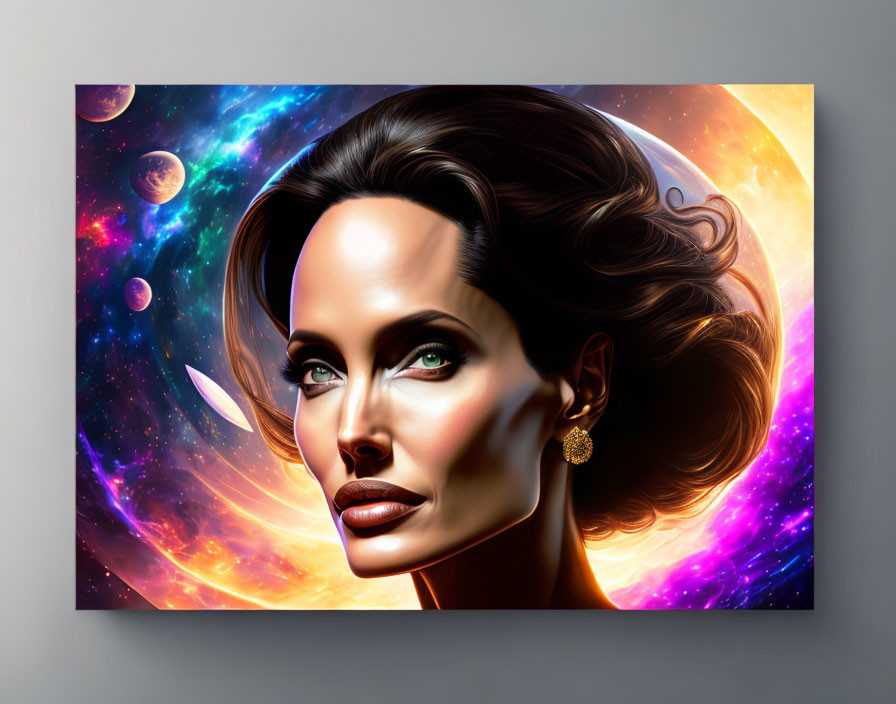 Vibrant surreal portrait of a woman with cosmic space and planets merging in her hair on canvas