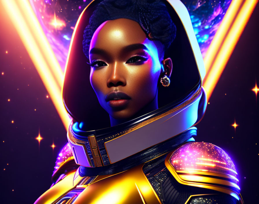 African woman astronaut in cosmic suit against vibrant galactic background