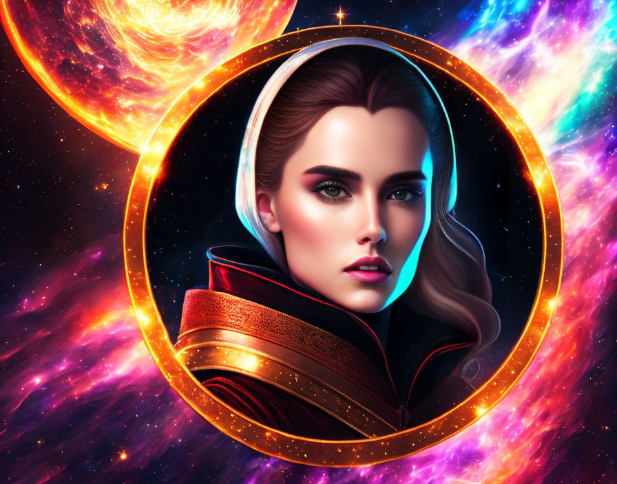 Woman's portrait in golden ring on cosmic background