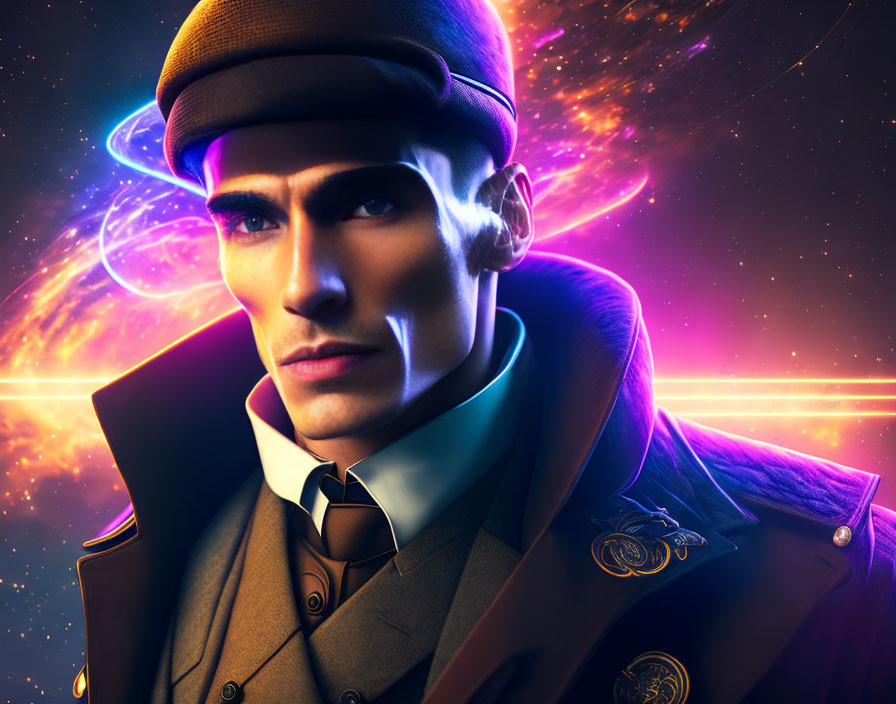 Stylized digital portrait of a man in vintage military uniform against cosmic backdrop