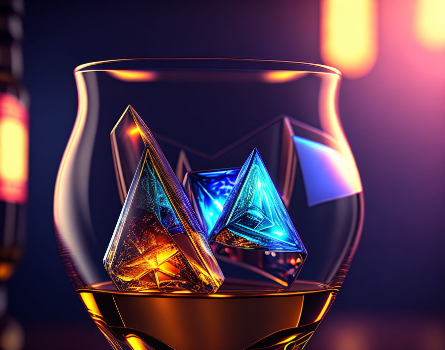 Close-up of whiskey glass with amber liquid and geometric ice cubes in dimly lit bar.