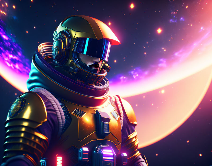 Futuristic astronaut in golden helmet and advanced suit in cosmic scene