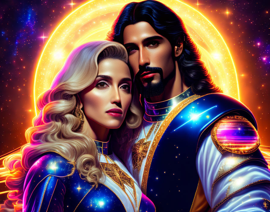 Cosmic-themed man and woman in vibrant galaxy setting