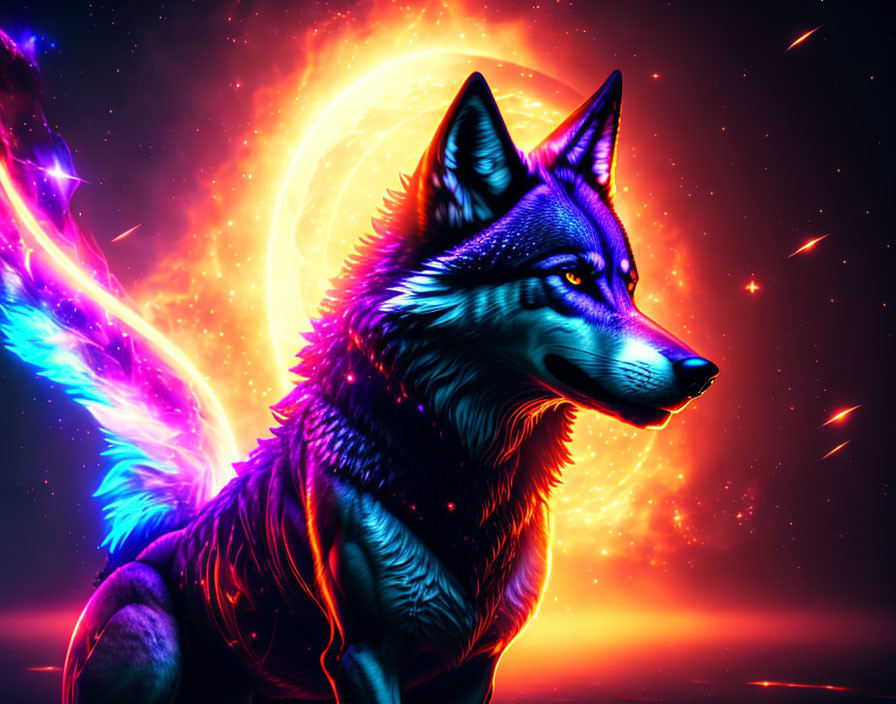 Neon wolf digital art with cosmic backdrop