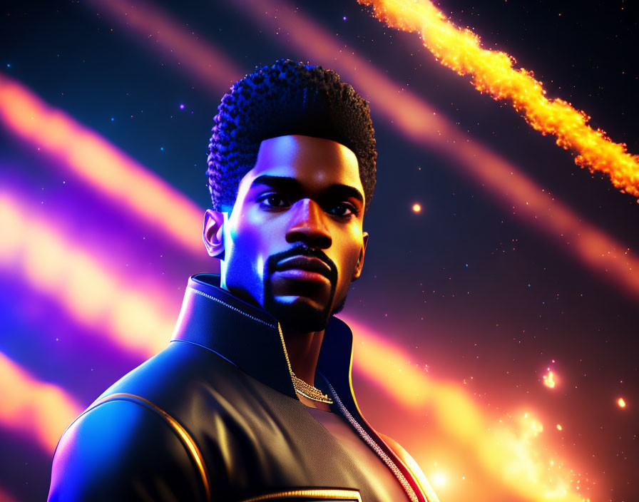 Digital portrait of man with high-top fade & glowing jacket against cosmic backdrop.