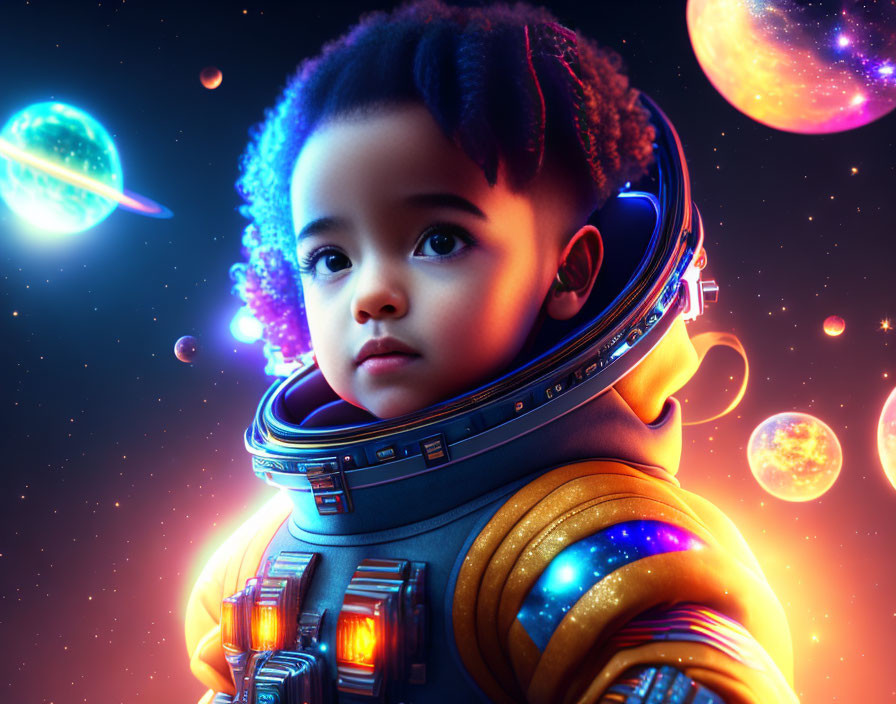 Child in futuristic astronaut suit contemplates vibrant space backdrop