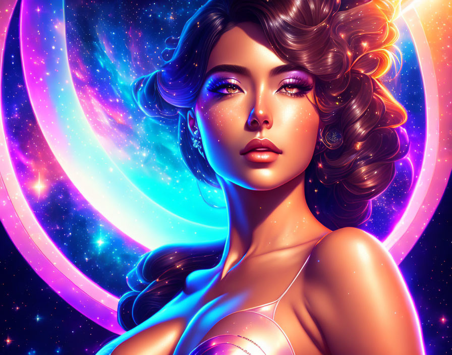 Vibrant cosmic-themed woman portrait with stars and celestial motifs