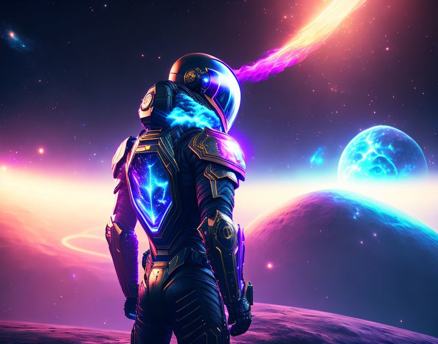 Futuristic astronaut on moon gazes at comet, planets in vibrant nebula sky