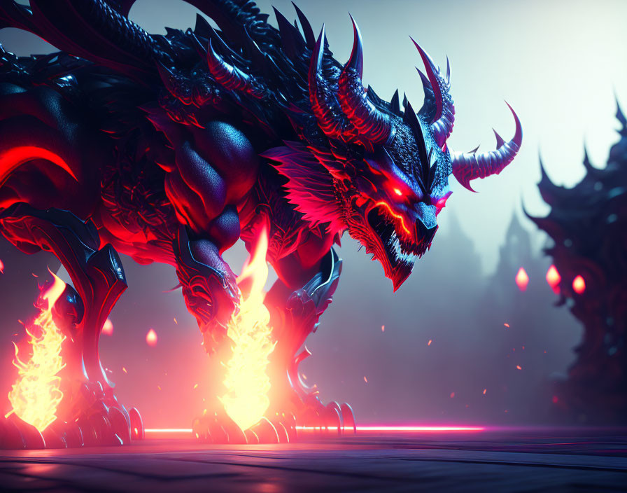 Armored dragons with red eyes and fiery paws in neon-lit scene