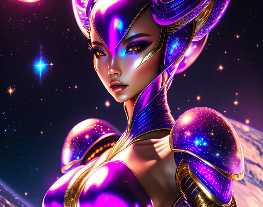 Cosmic-themed female character with glowing makeup and armor in starry space.