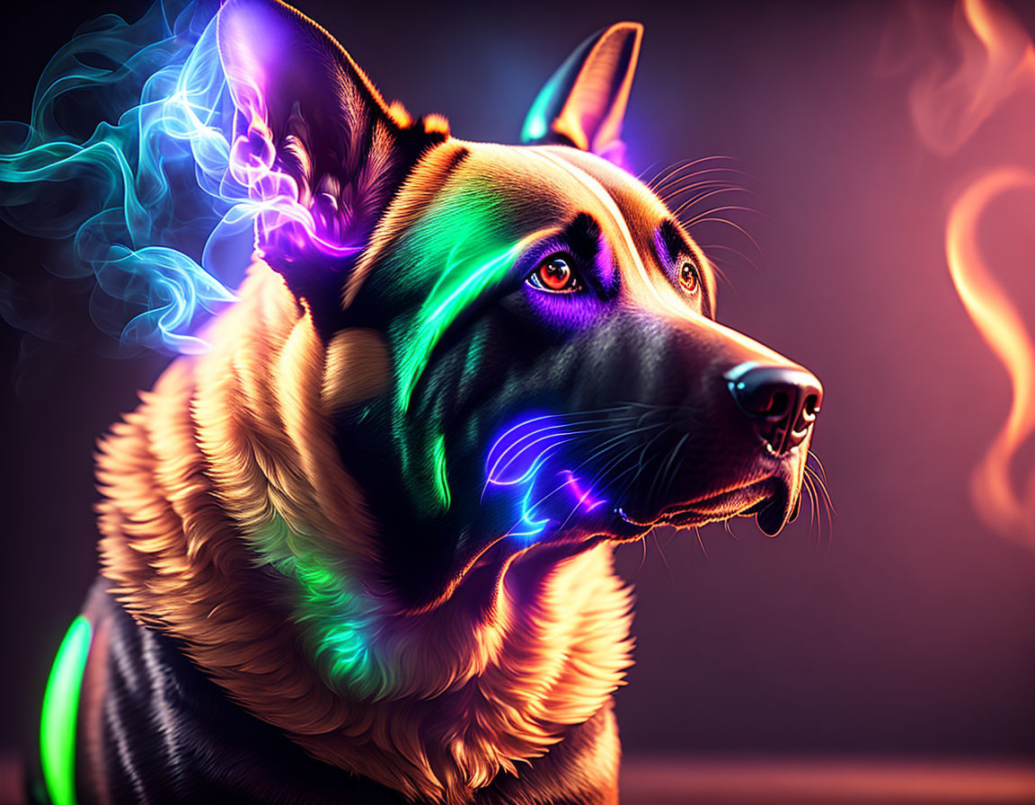 Vibrant German Shepherd digital art with neon accents