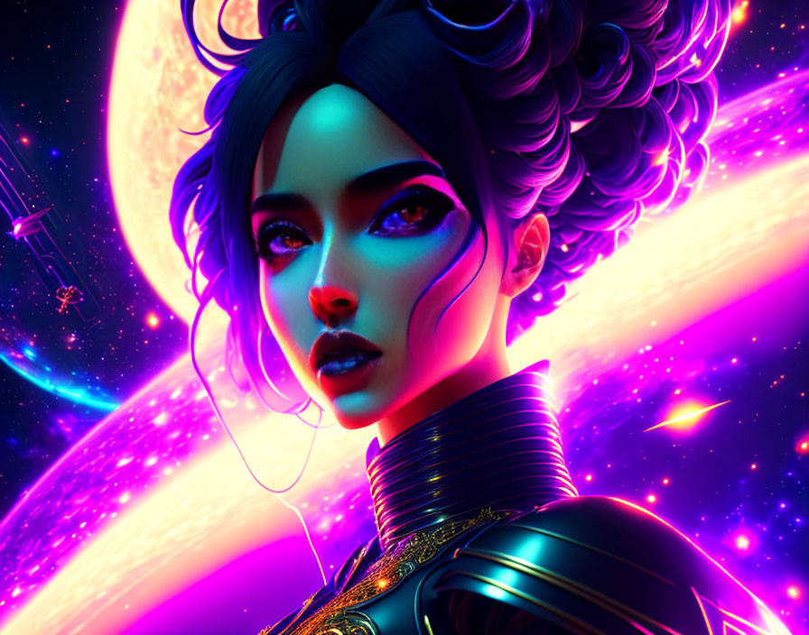 Colorful digital art of a woman in futuristic attire under a cosmic sky