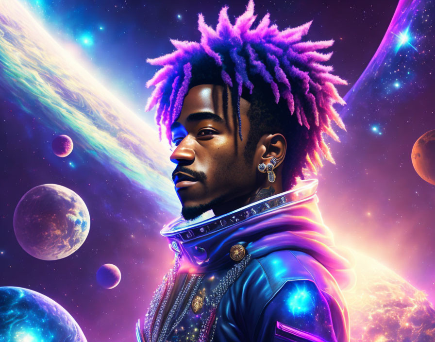 Man with Purple Dreadlocks in Futuristic Attire Amid Cosmic Scene