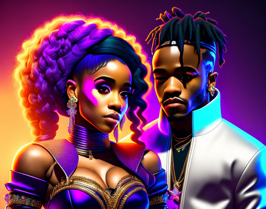 Vibrant neon-lit stylized characters with futuristic attire and unique hair.