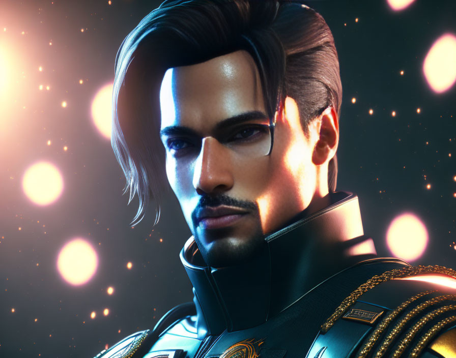 Man in futuristic black and gold uniform with sleek hair and beard in digital illustration