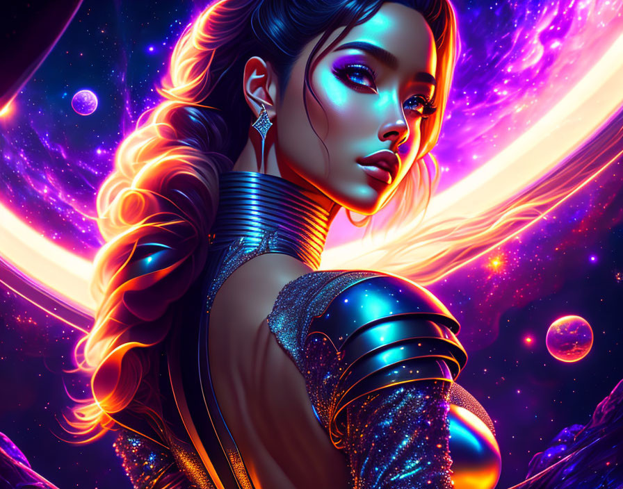 Colorful sci-fi digital artwork: Woman in futuristic armor with cosmic backdrop