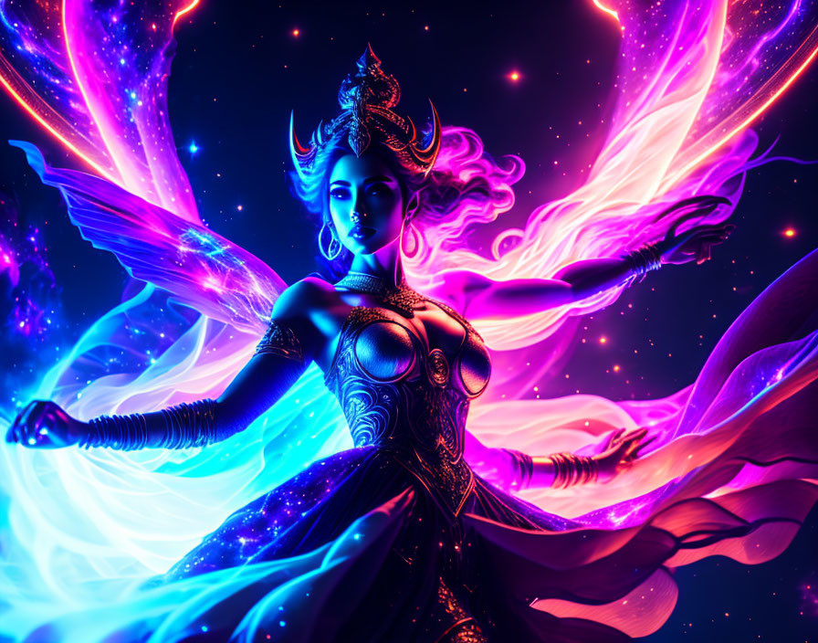 Colorful Digital Artwork: Mystical Female Figure with Elaborate Headgear