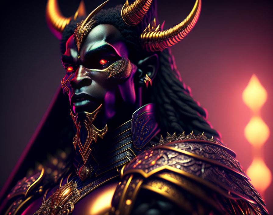 Fantasy character with horns and glowing eyes in golden armor on fiery backdrop