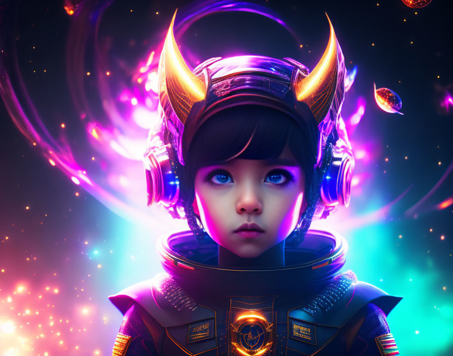 Child in futuristic space suit with glowing orange horns in cosmic background.