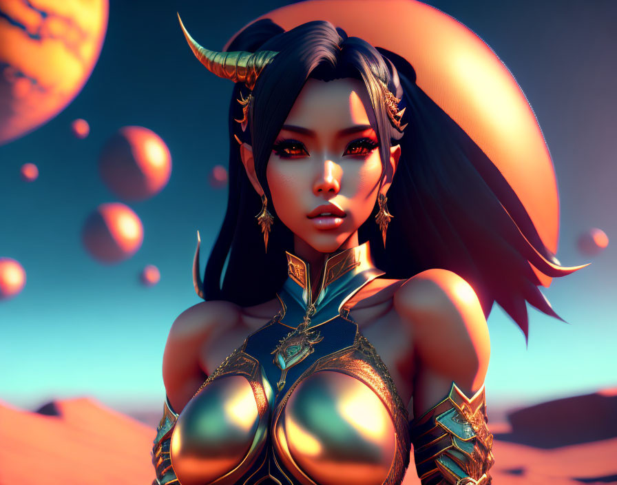 Fantasy female character with horns in ornate armor against desert landscape