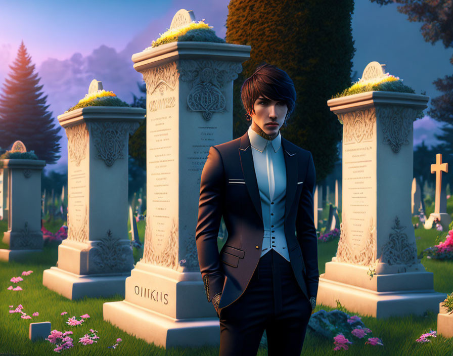 Digital art of young man in black suit at cemetery dusk