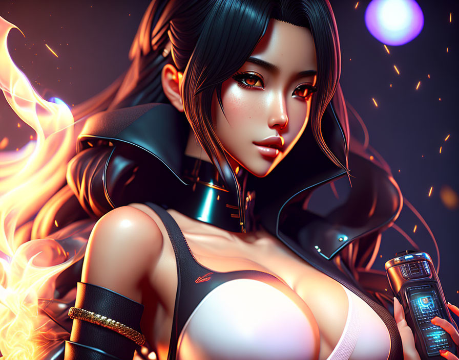 Digital illustration: Female character in futuristic black armor with flames, Asian features, against fiery backdrop