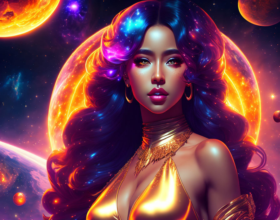 Digital Illustration: Woman with Galaxy-themed Hair & Makeup