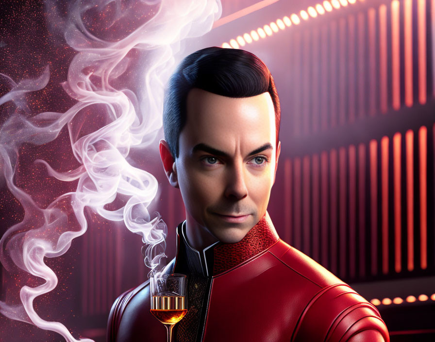 Stylized man in red suit holding glass with smoke on red background