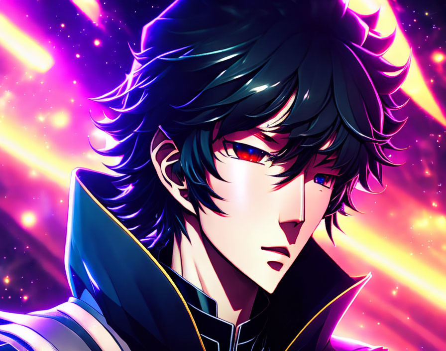 Male character with black hair and red eyes in cosmic anime illustration