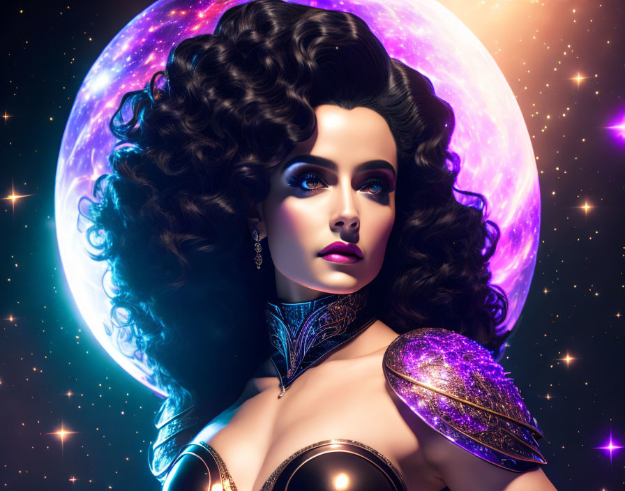 Digital artwork: Woman with curly hair, cosmic makeup, futuristic armor, glowing planets and stars