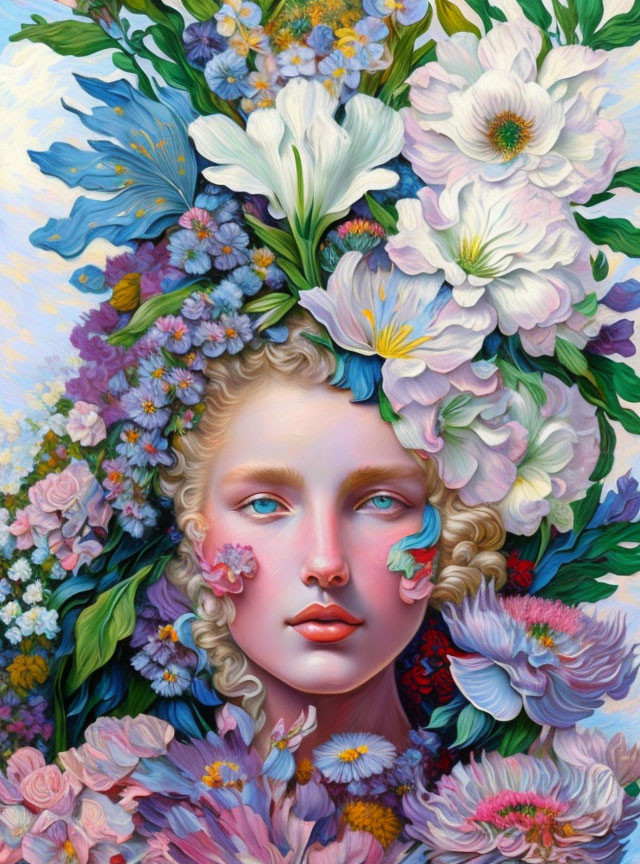 Portrait of person with blue eyes amidst colorful flowers