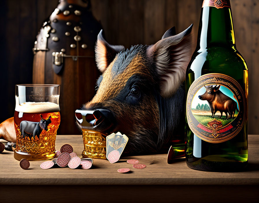 Wild Boar with Beer Bottle, Glass, Playing Cards, and Coins on Wooden Surface