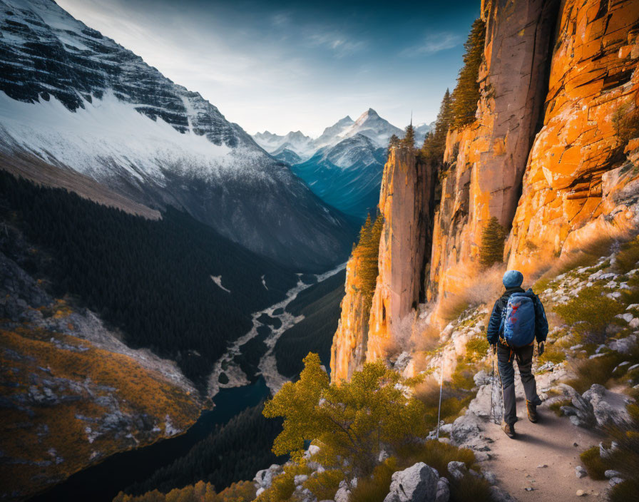 Hiker overlooking mountain valley with winding river on trail.