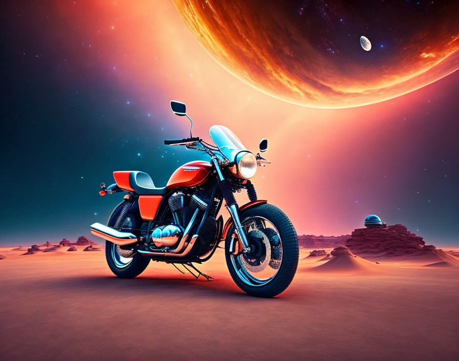 Retro-styled motorcycle on surreal alien landscape with planet and moon.