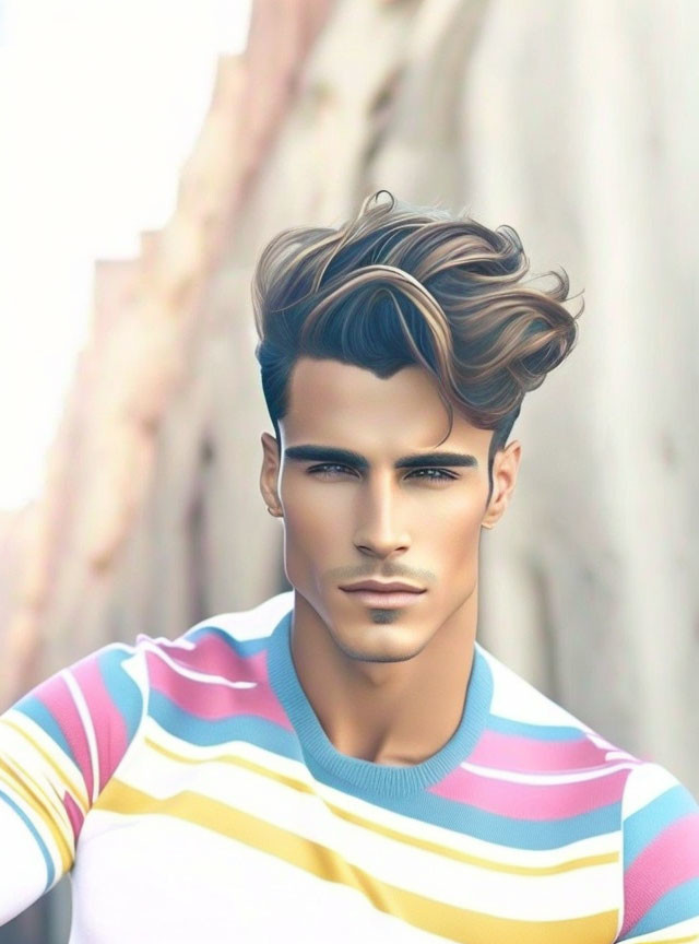 Man with Stylized Hair and Striped Shirt in Soft Colors