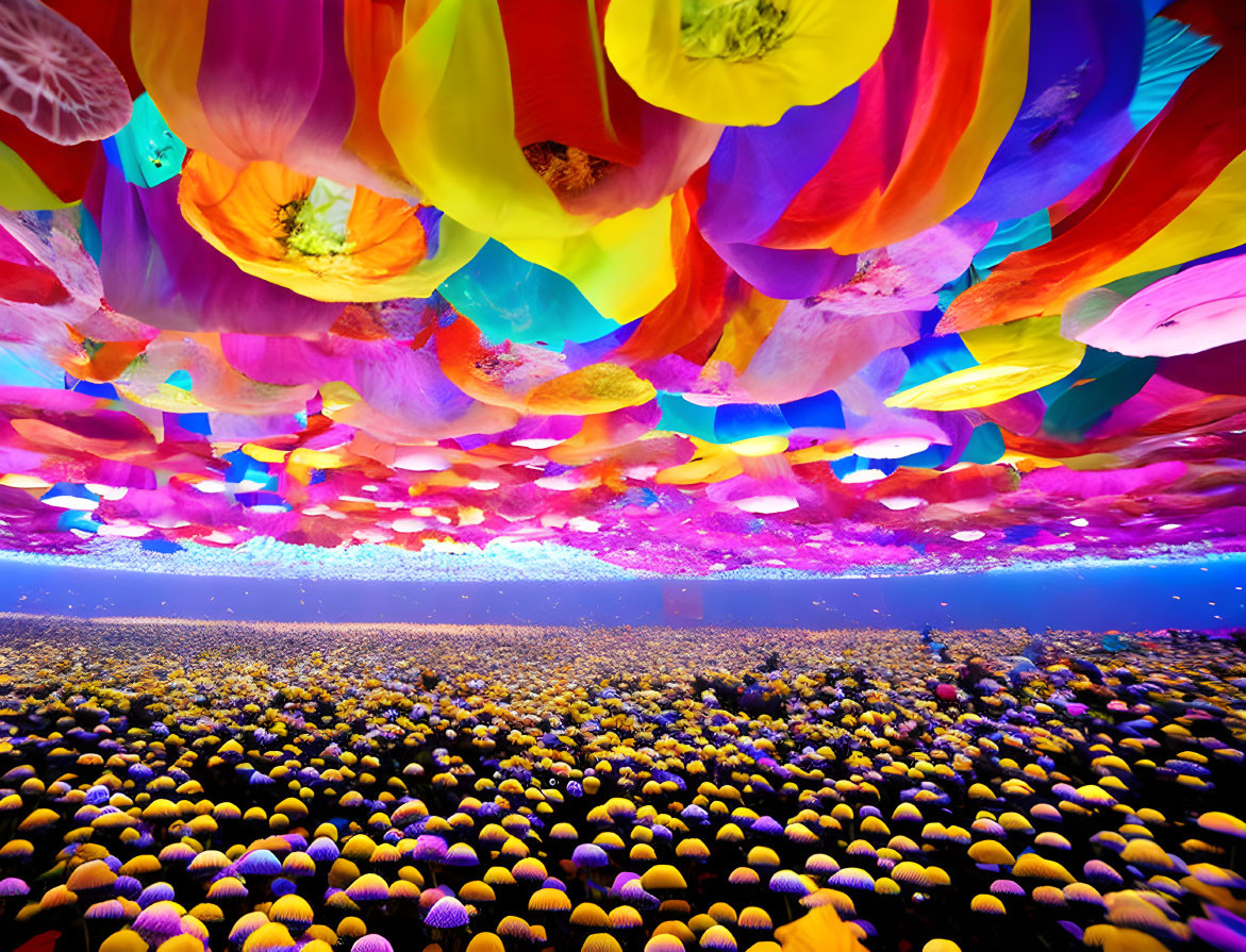 Colorful Flower-Like Structures Ceiling Art Installation