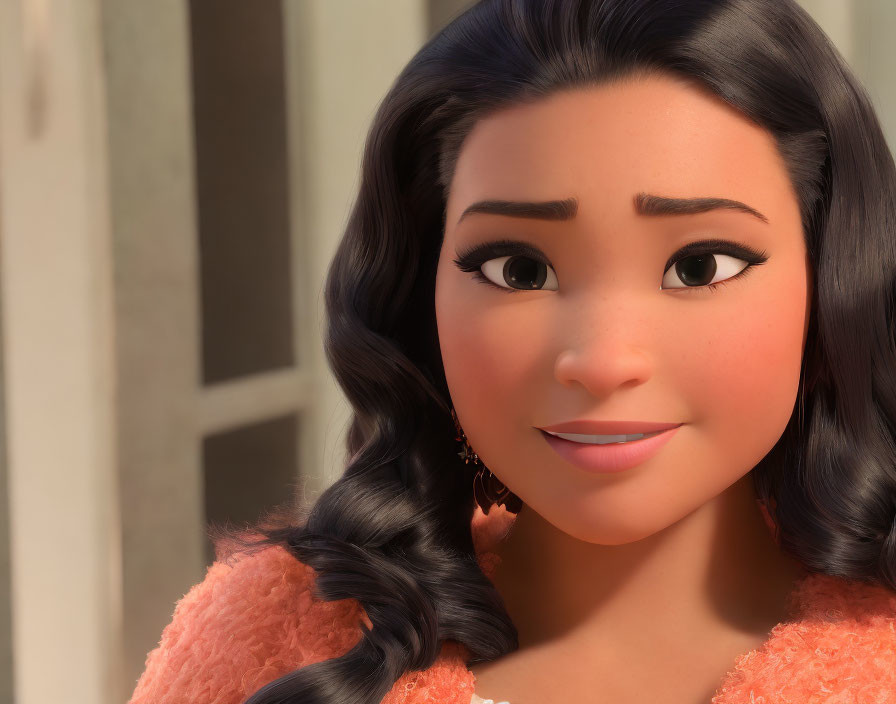 Smiling animated female character with long dark hair and peach-colored outfit