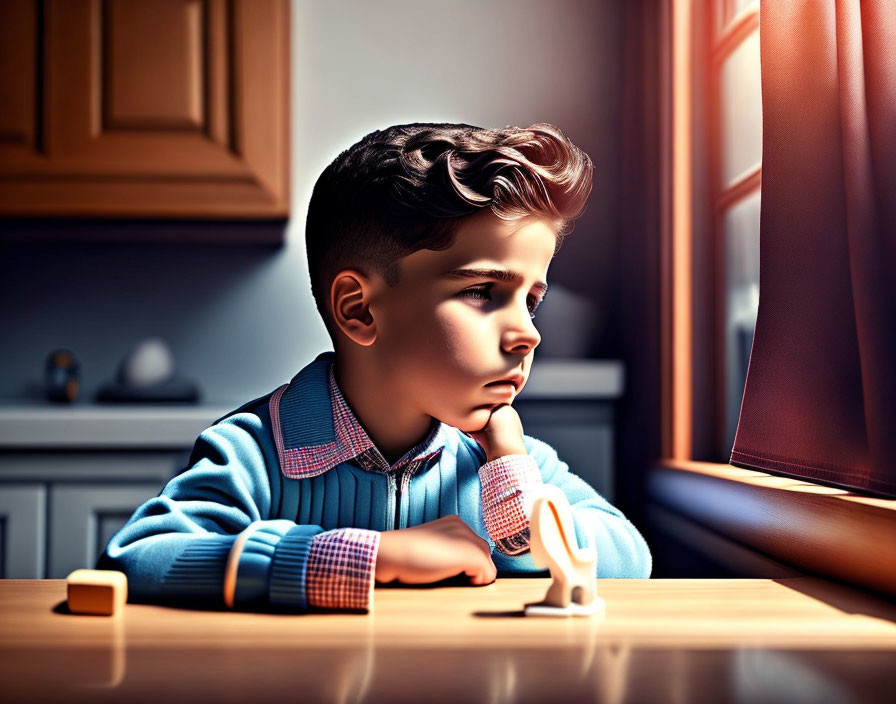 Stylized image of young boy with wavy hair gazing out window