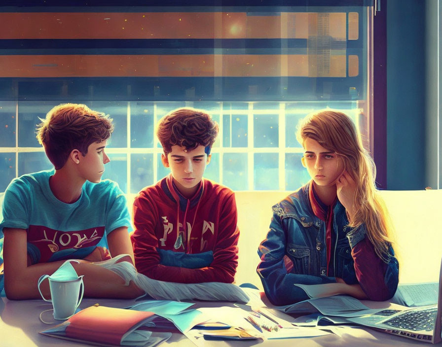 Three contemplative young individuals at table with papers and laptop, cityscape in background.