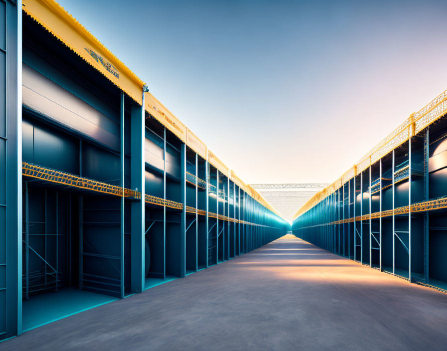 Symmetrical View of Empty Blue Industrial Warehouse