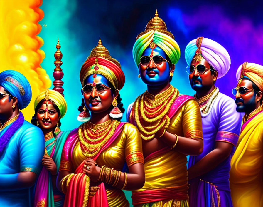 Six Indian characters in traditional attire on colorful background