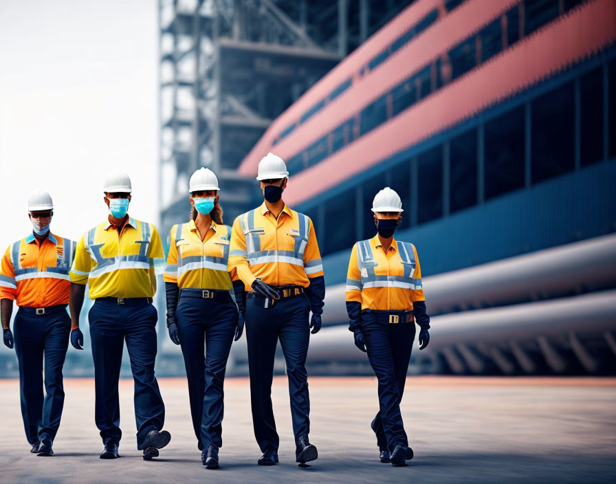 Group of workers in high-visibility vests and safety helmets walking at worksite