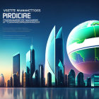 Illuminated futuristic city skyline with globe and cryptic text